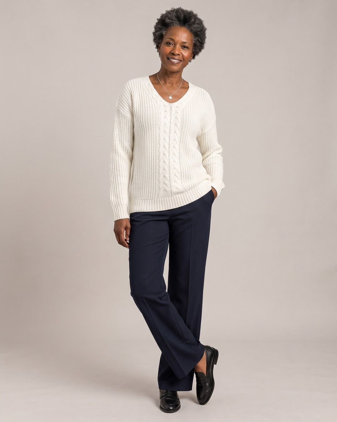 V-Neck Cable-Knit Jumper worn by a model