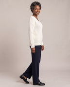 V-Neck Cable-Knit Jumper worn by a model, side view