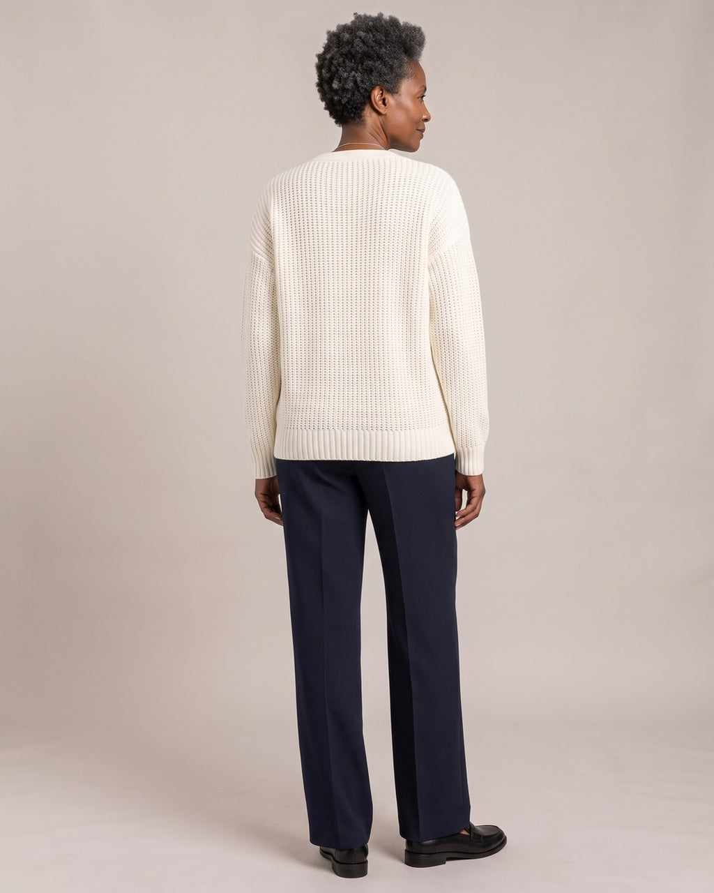 V-Neck Cable-Knit Jumper worn by a model, back view