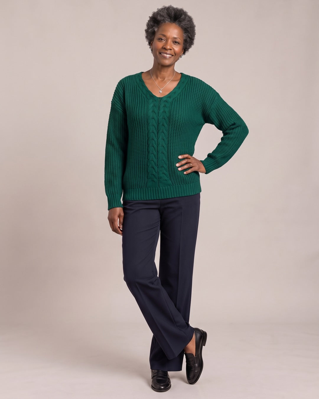V-Neck Cable-Knit Jumper worn by a model, Green