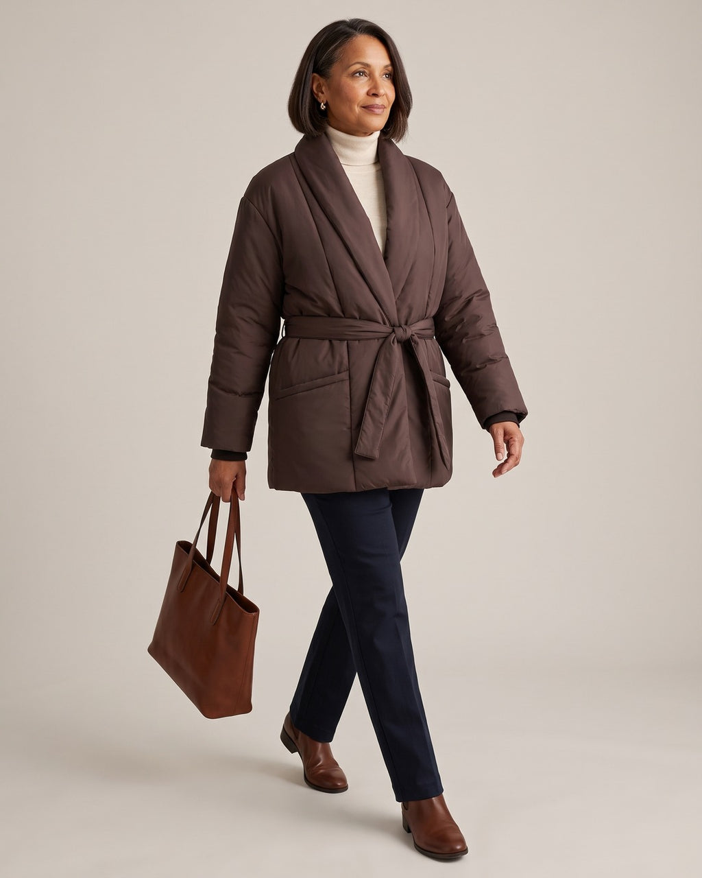 Shawl-Collar Wrap Puffer Jacket worn by a model