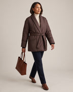 Shawl-Collar Wrap Puffer Jacket worn by a model