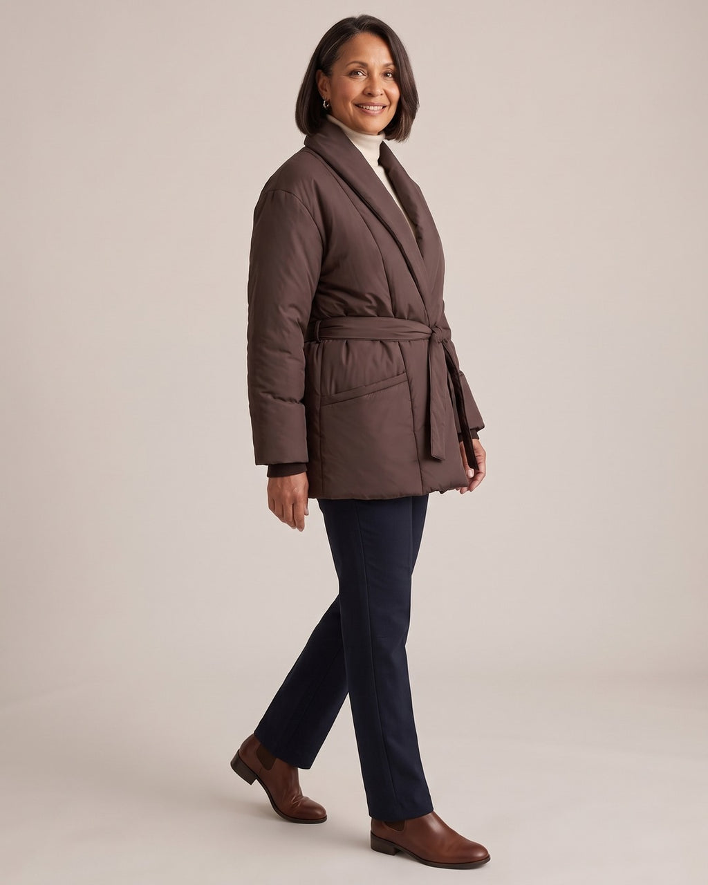 Shawl-Collar Wrap Puffer Jacket worn by a model, side view