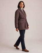Shawl-Collar Wrap Puffer Jacket worn by a model, side view