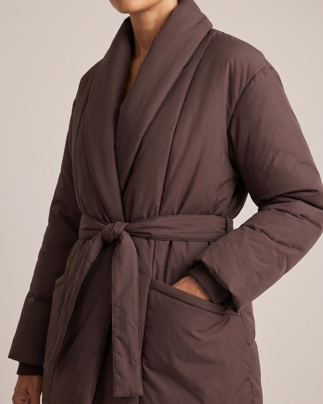 Shawl-Collar Wrap Puffer Jacket close-up detail