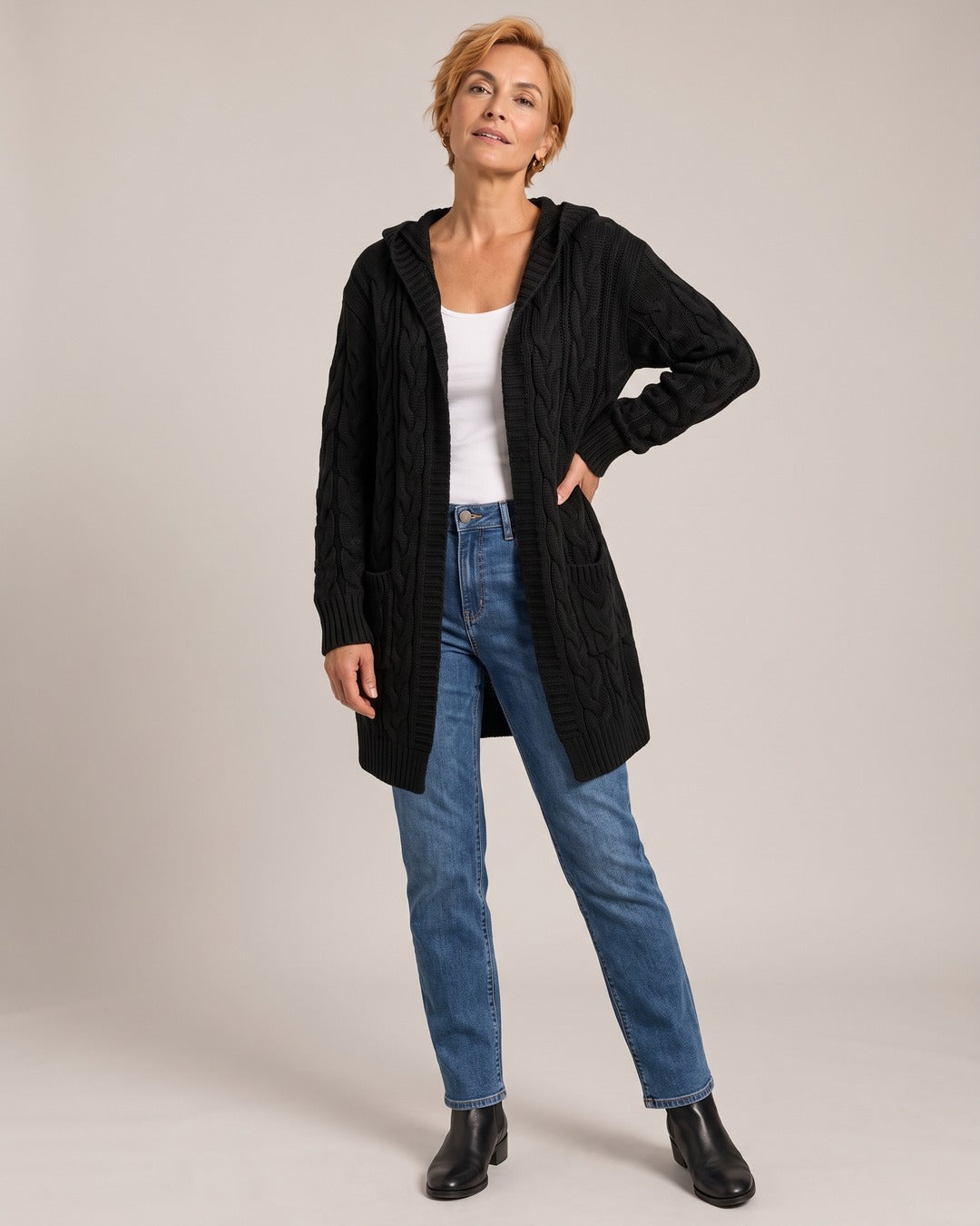 Cable Knit Cardigan worn by a model