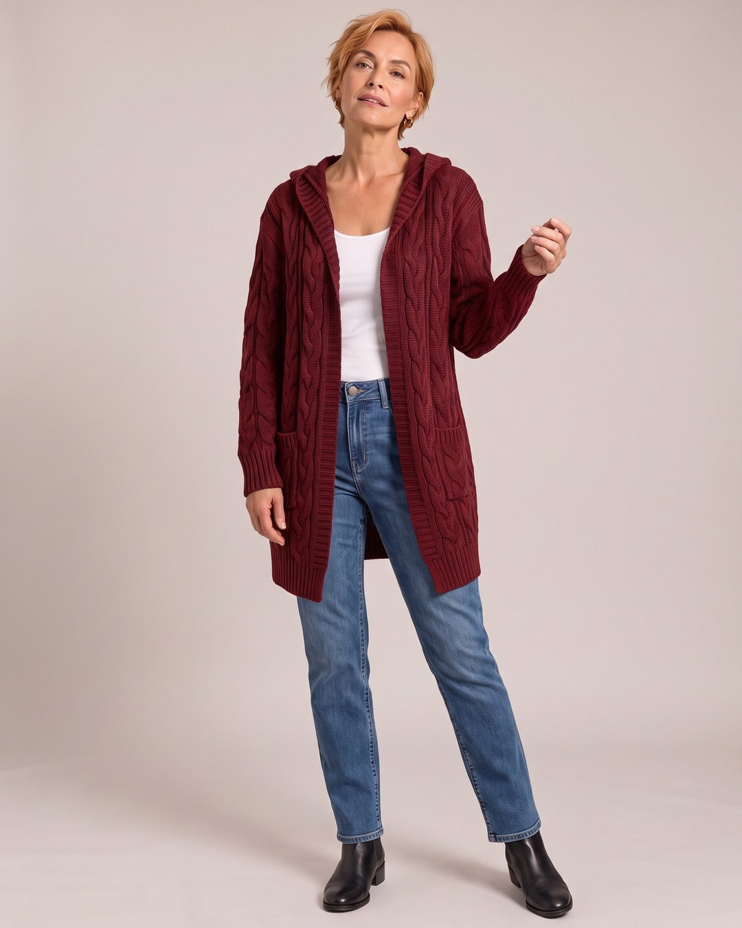 Cable Knit Cardigan worn by a model, Burgundy