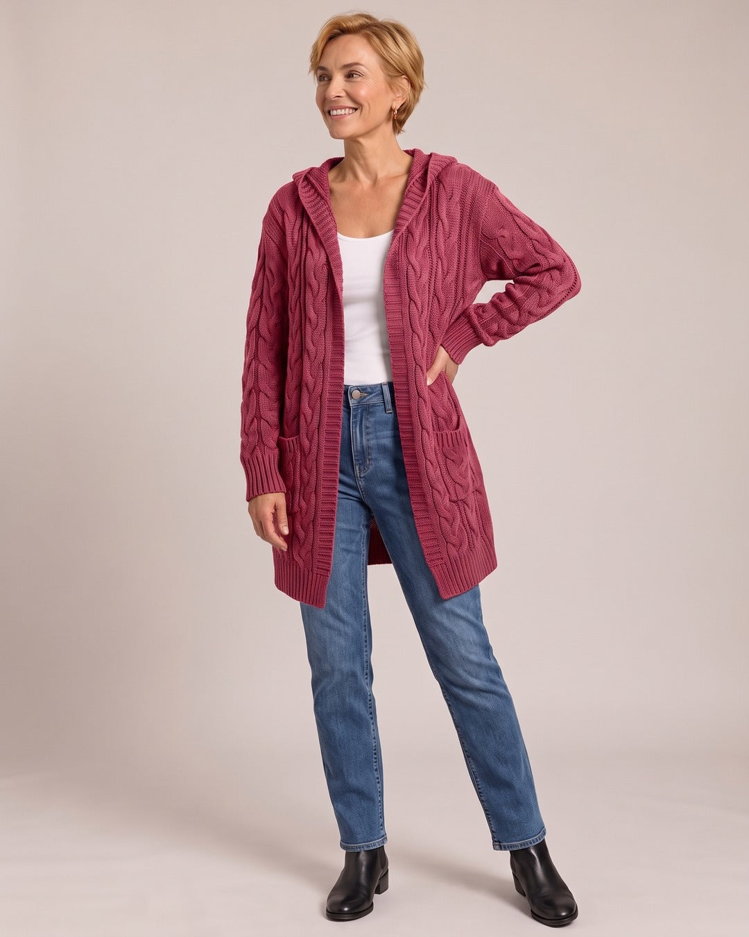 Cable Knit Cardigan worn by a model, Rose