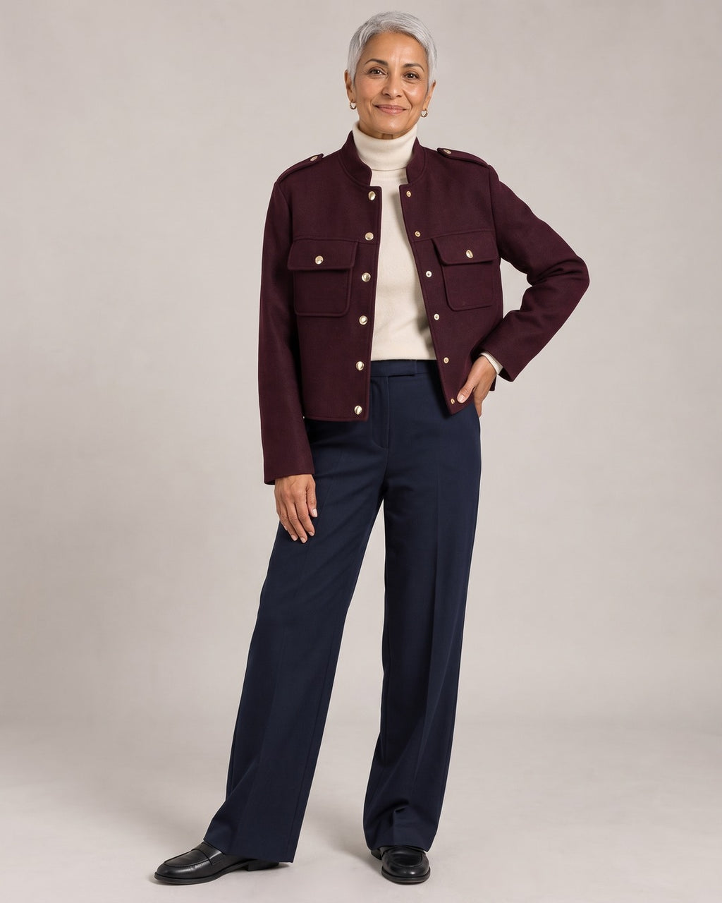 Military Cropped Jacket with Gold Buttons worn by a model