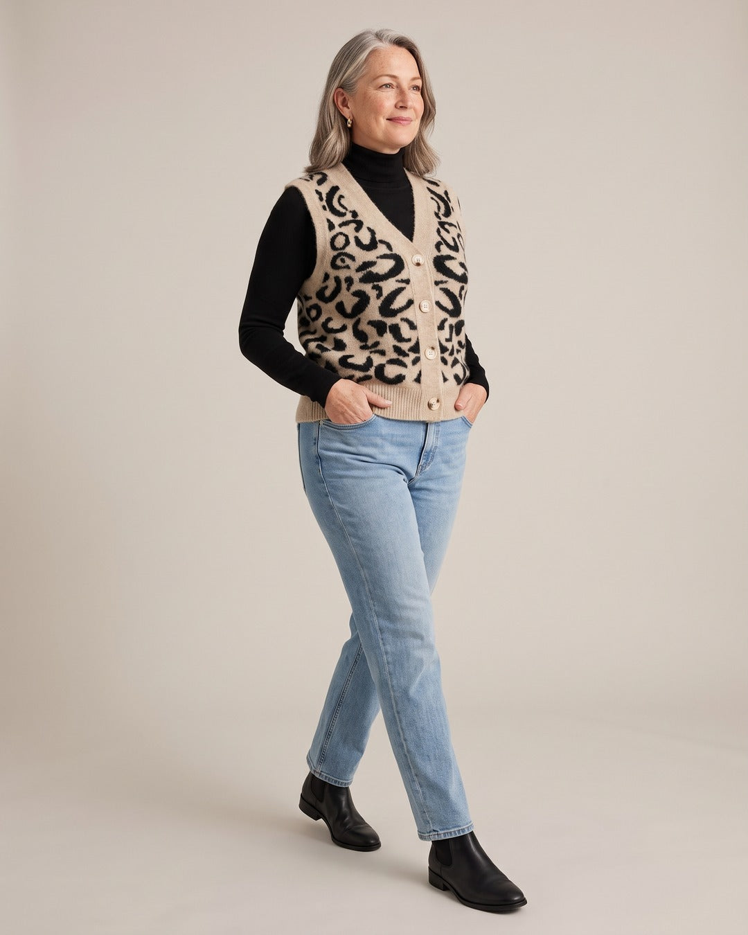 Leopard Knit Vest worn by a model