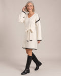 V-Neck Knit Sweater Dress with Waist Belt worn by a model