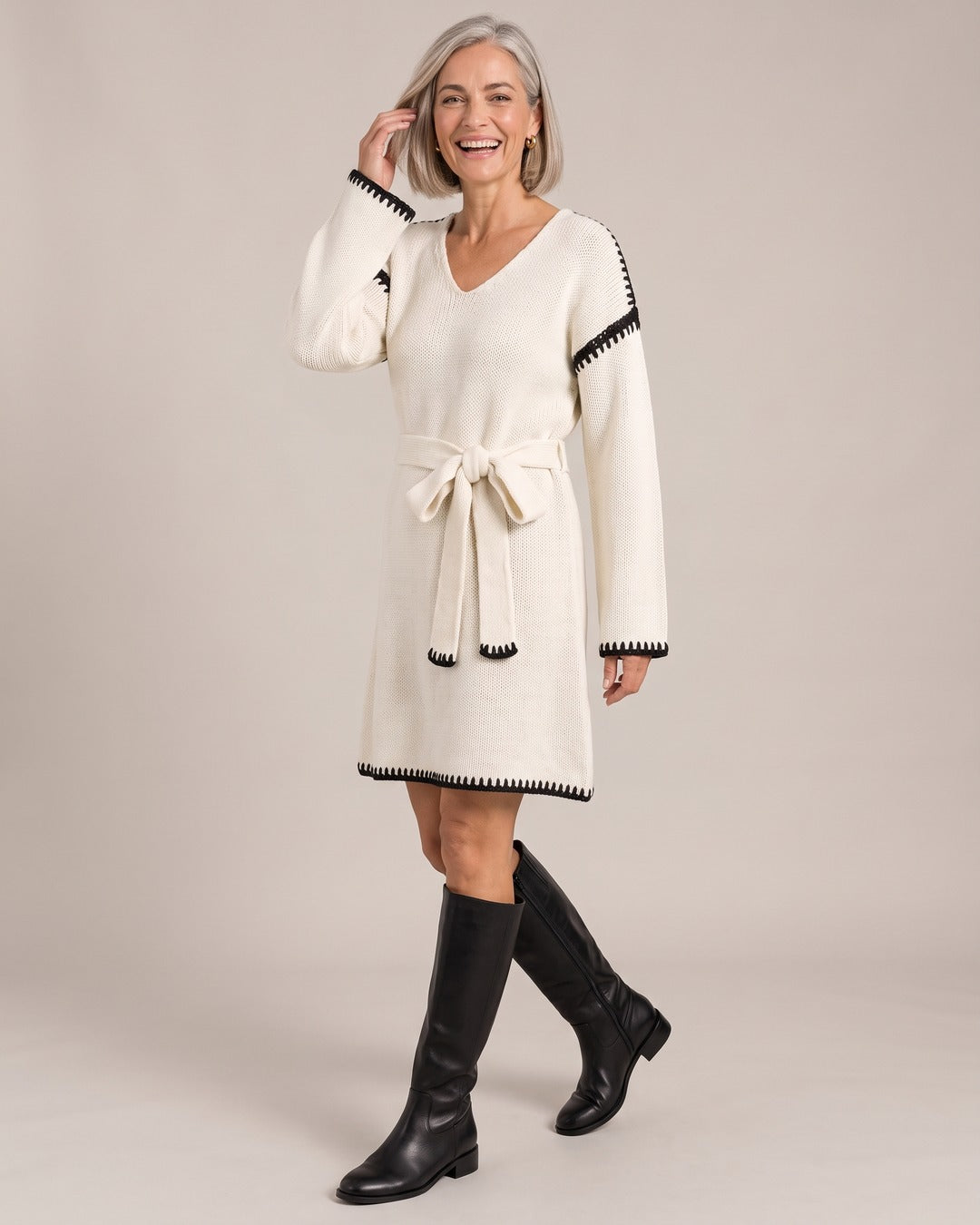 V-Neck Knit Sweater Dress with Waist Belt worn by a model