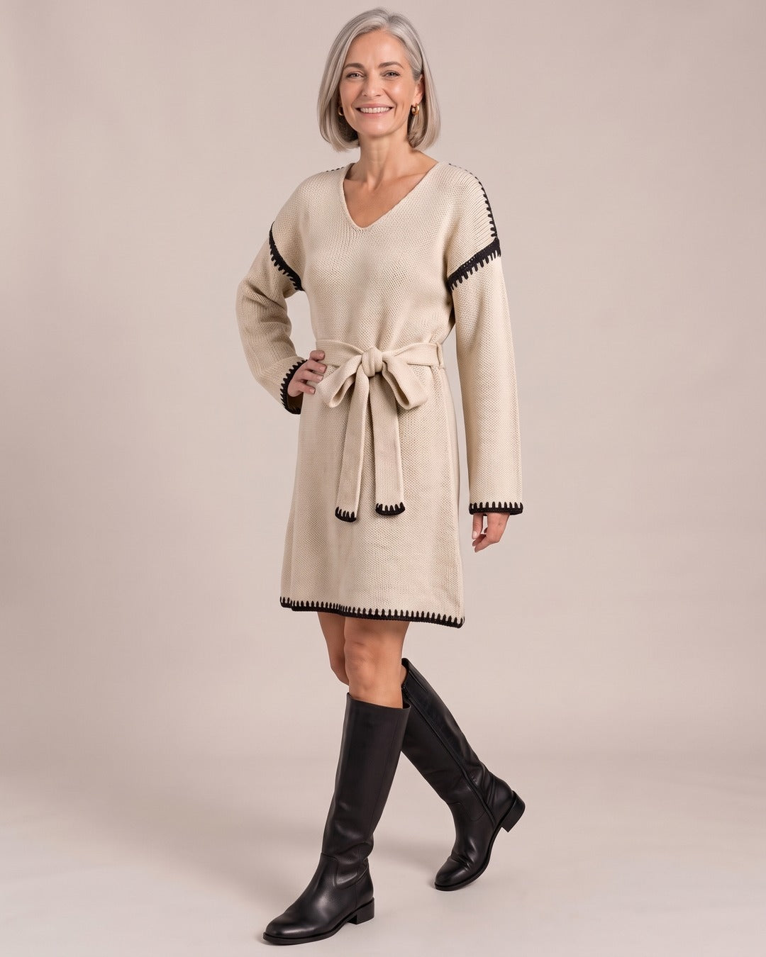 V-Neck Knit Sweater Dress with Waist Belt worn by a model, Apricot