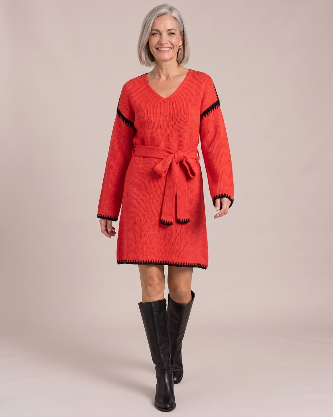 V-Neck Knit Sweater Dress with Waist Belt worn by a model, Red