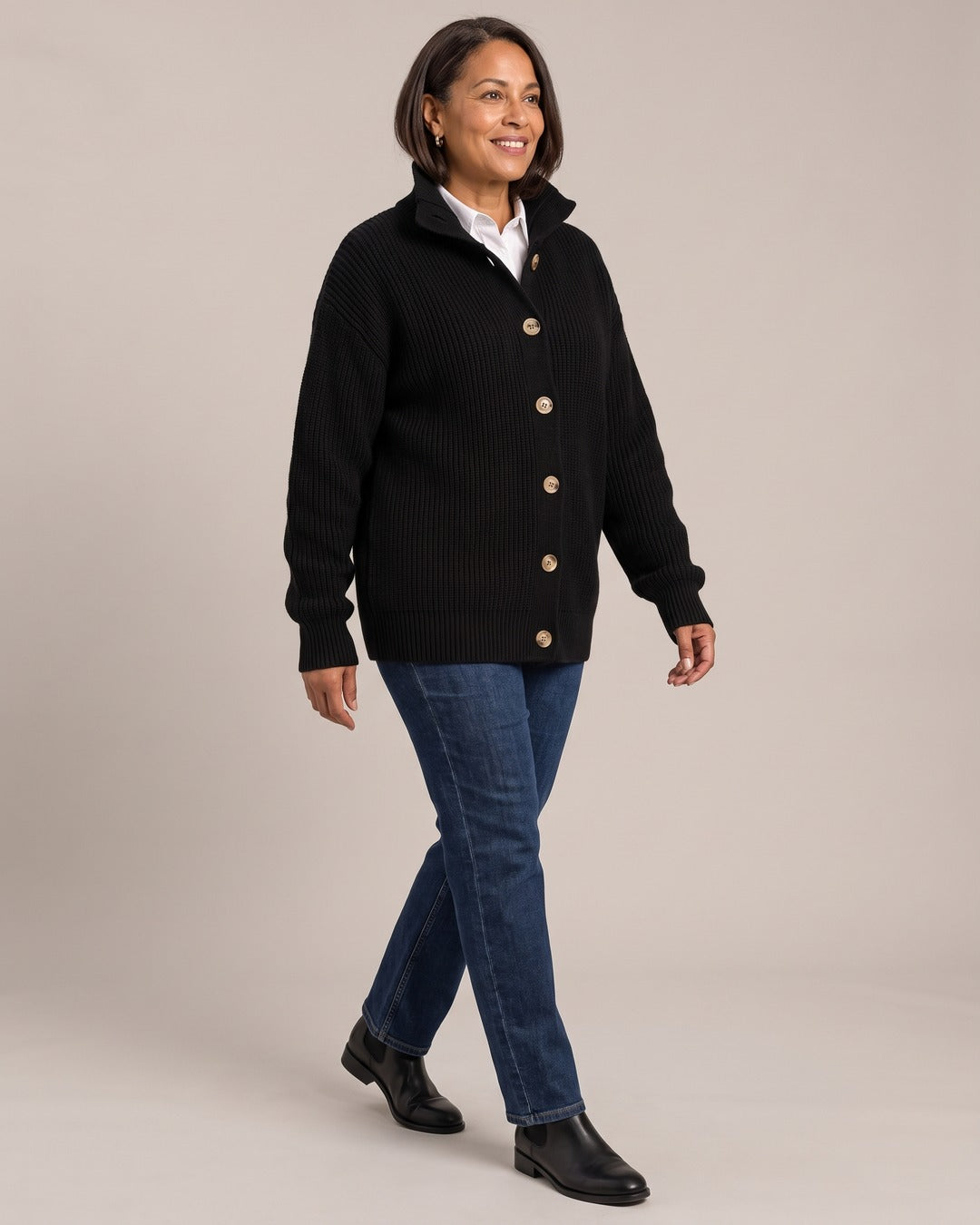 Vintage High-Neck Button Cardigan worn by a model