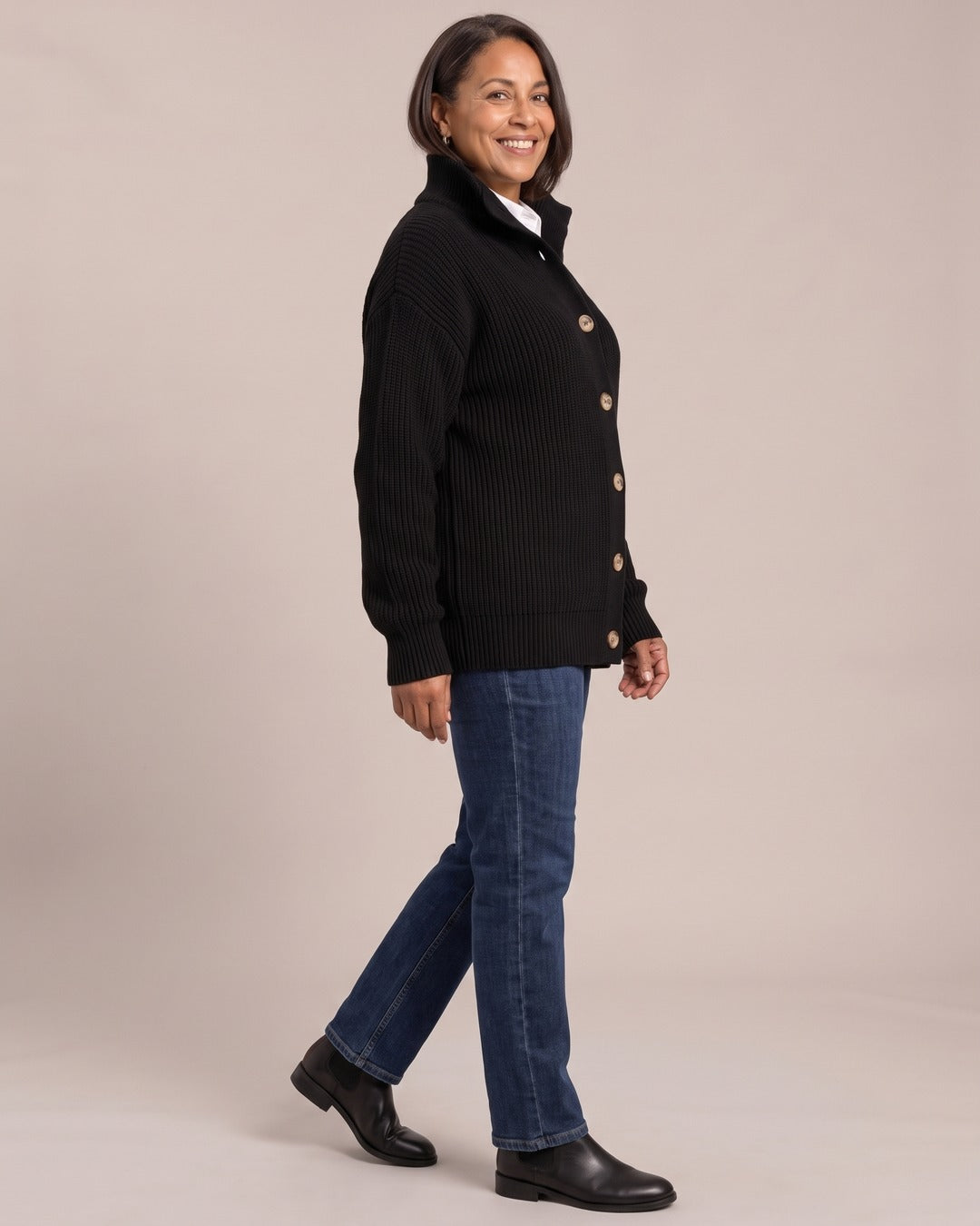 Vintage High-Neck Button Cardigan worn by a model, side view