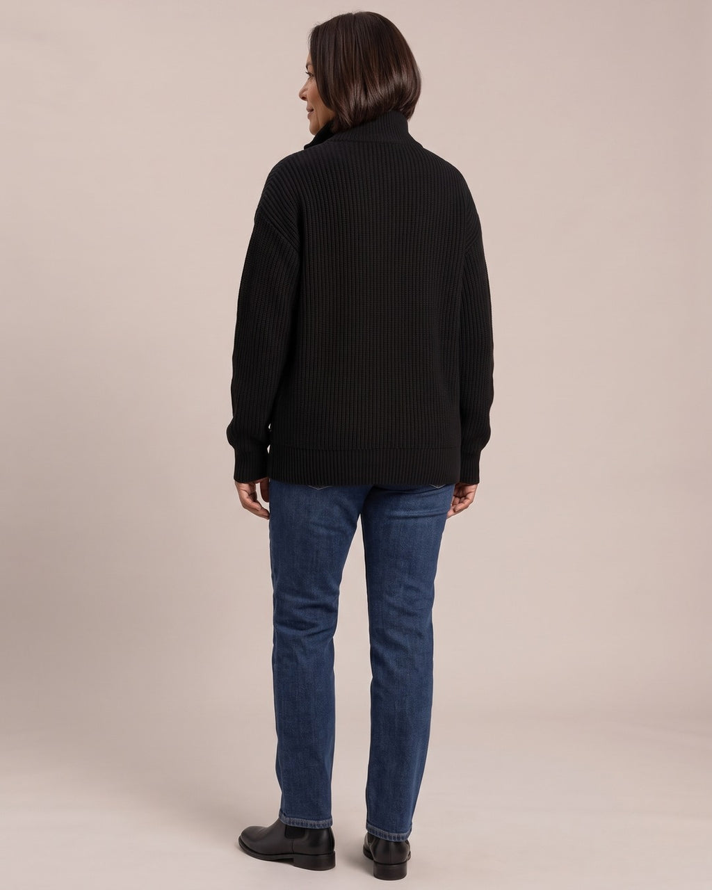 Vintage High-Neck Button Cardigan worn by a model, back view