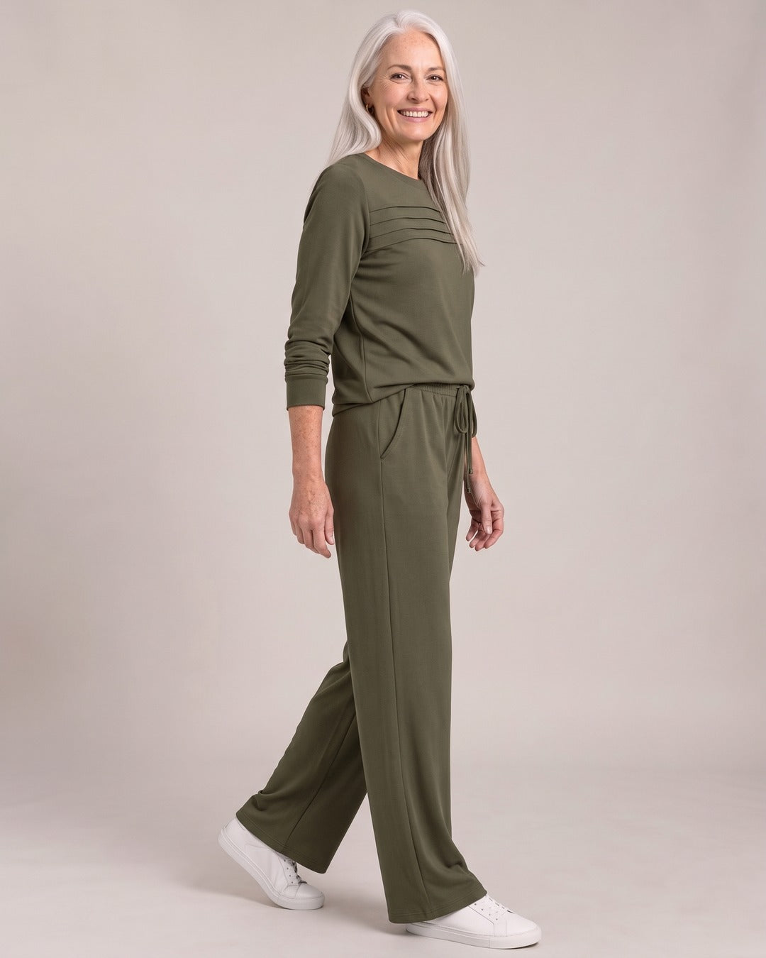 Crew-Neck Top & Wide-Leg Trouser Set worn by a model, side view