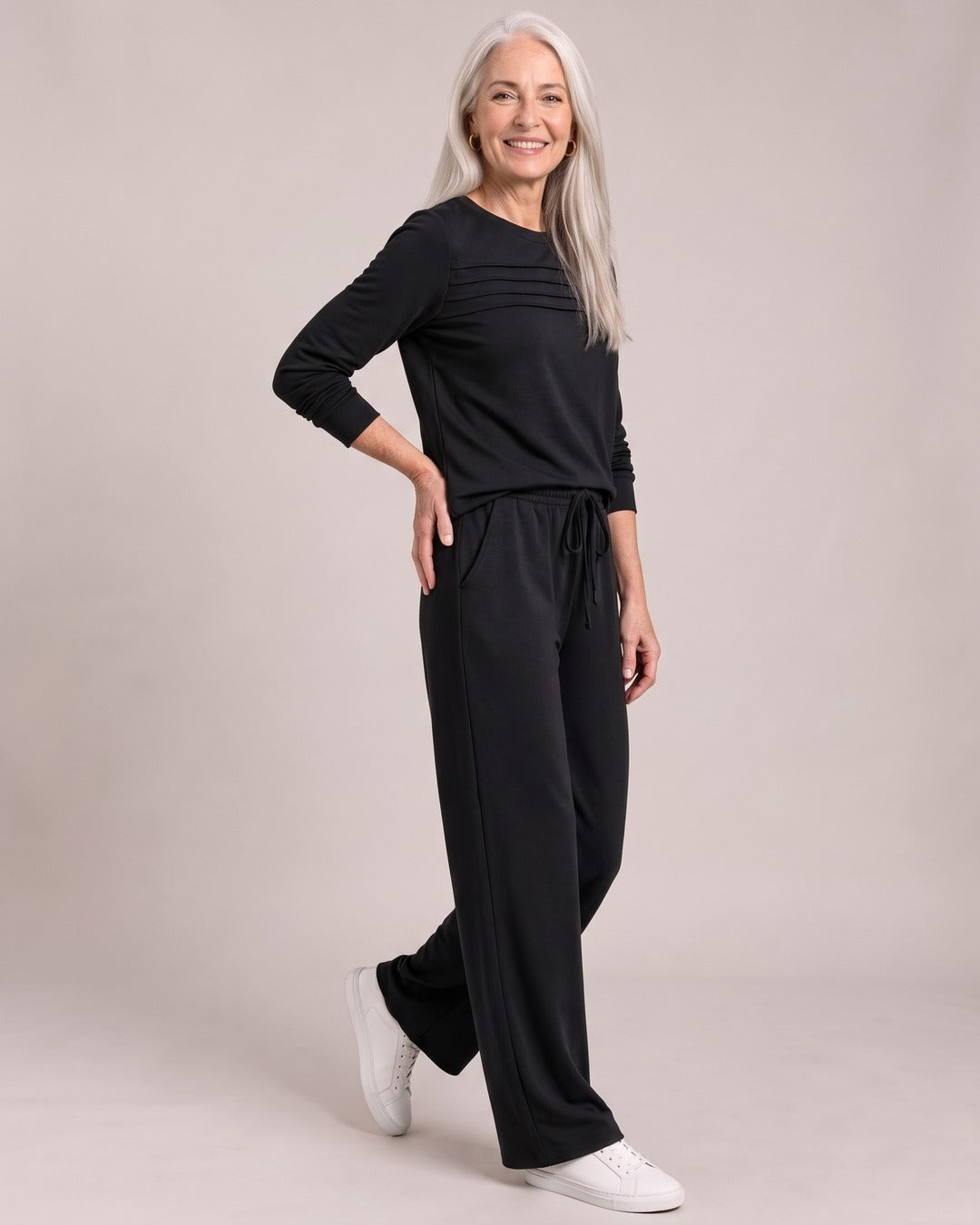 Crew-Neck Top & Wide-Leg Trouser Set worn by a model, Black